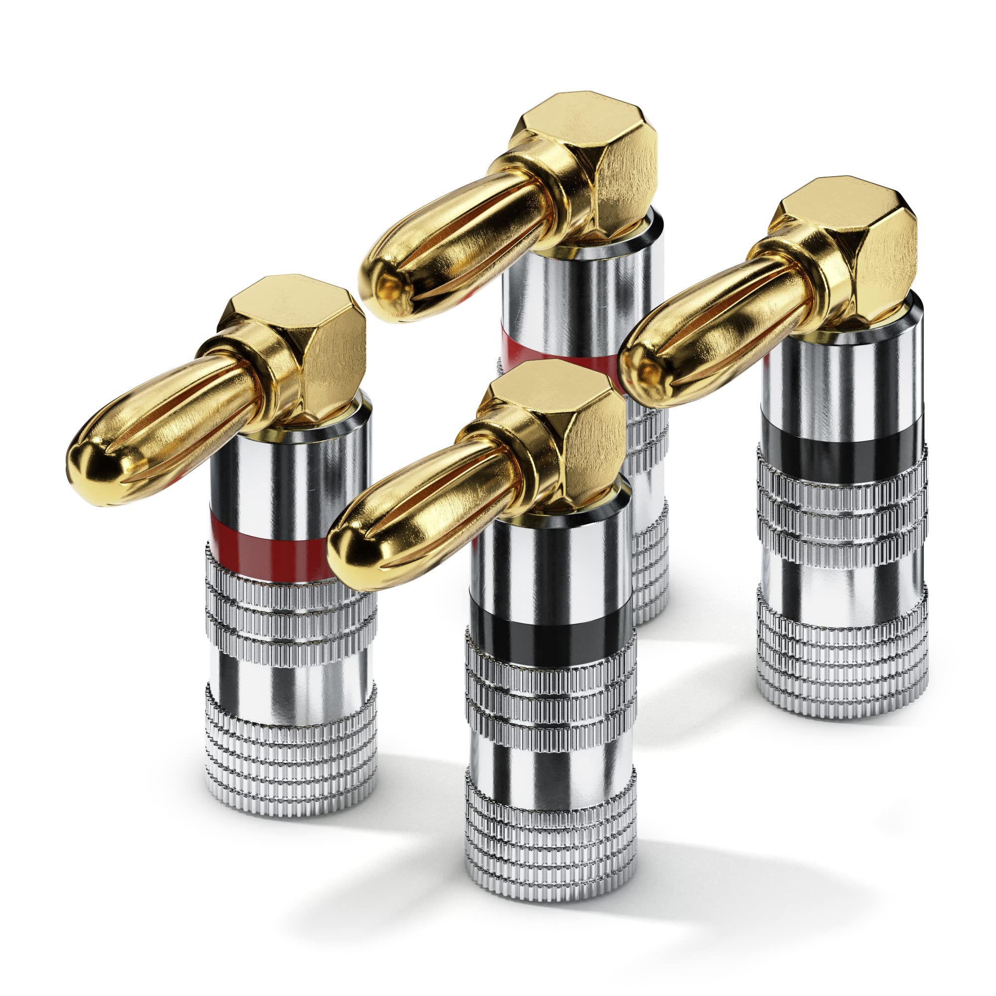 sonero® Bananenstecker 90° gewinkeltes 4er-Set, für alle Lautsprecherkabel mit einem Durchmesser bis max. 6mm², 4 Stück mit umlaufenden Farbring (2x rot, 2x schwarz), 24k vergoldet