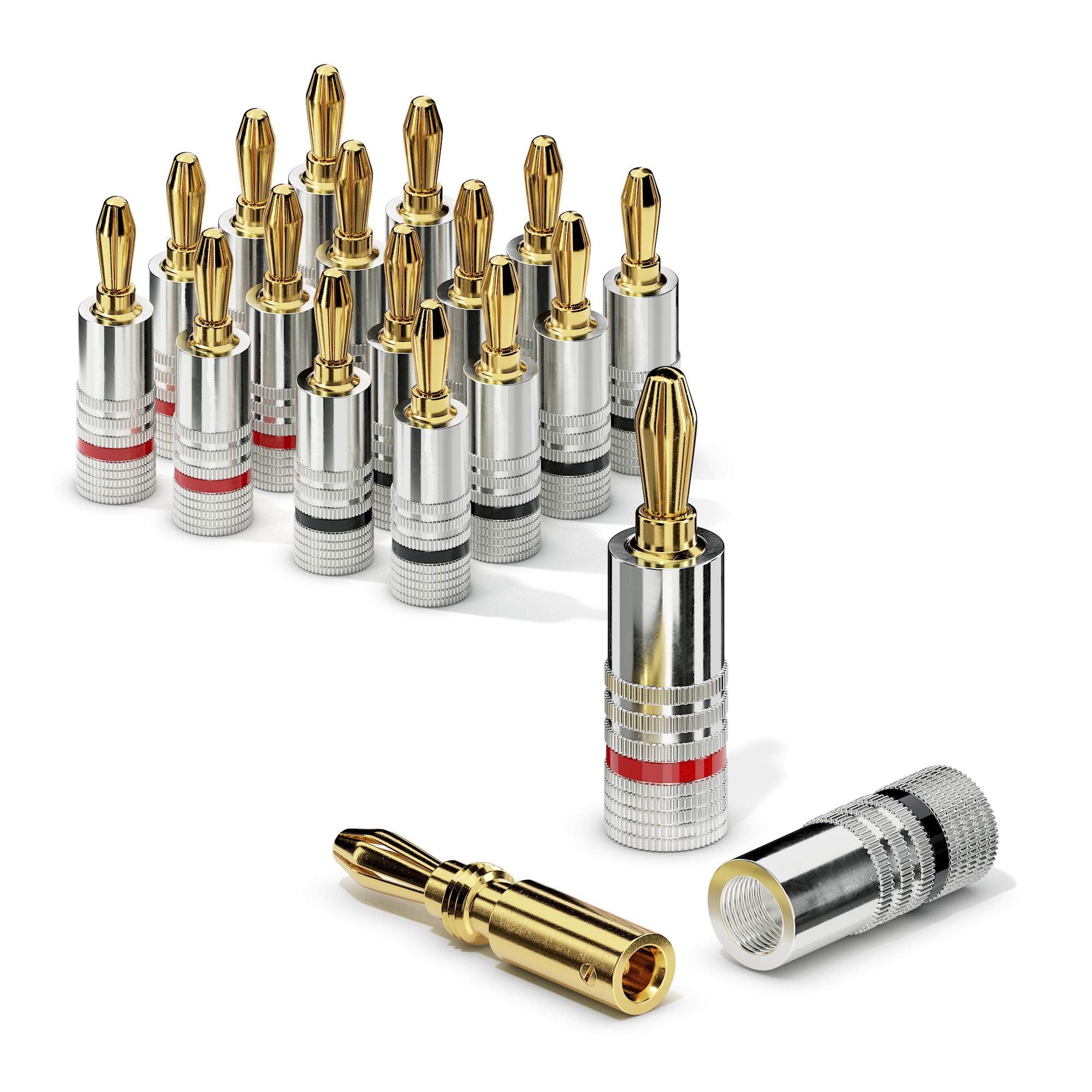 sonero Bananenstecker 16er-Set, für alle Lautsprecherkabel mit einem Durchmesser bis max. 6mm², 4 Stück mit Farbcodierung (8x rot, 8x schwarz), 24k vergoldet, S-SC000-16