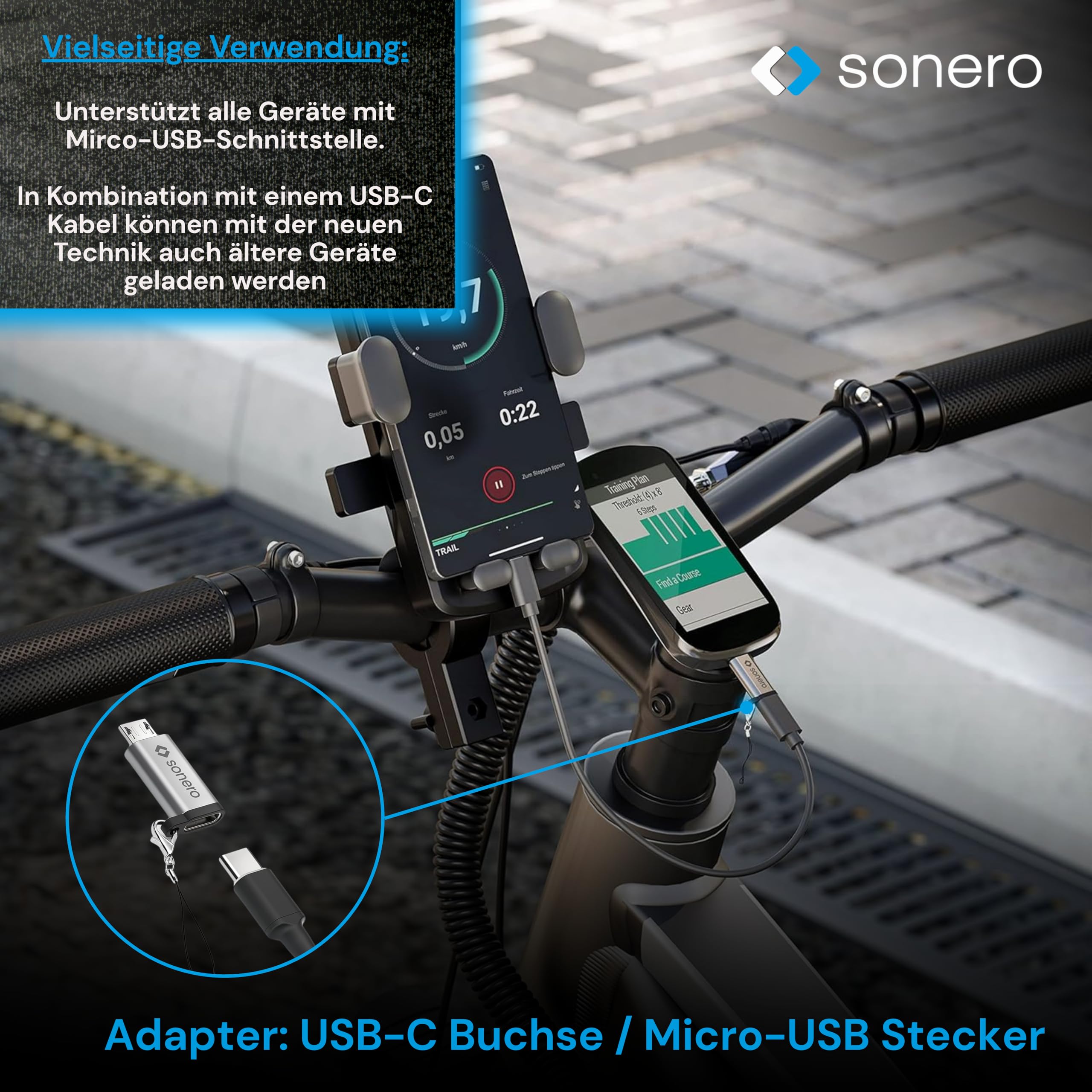 Sonero Micro USB auf USB-C Adapter, kompatibel mit Apple Geräten, OTG Unterstützung, Perfekt für e-Bikes geeignet, inkl. Schlaufe/Karabiner, Aluminium Gehäuse, Silber