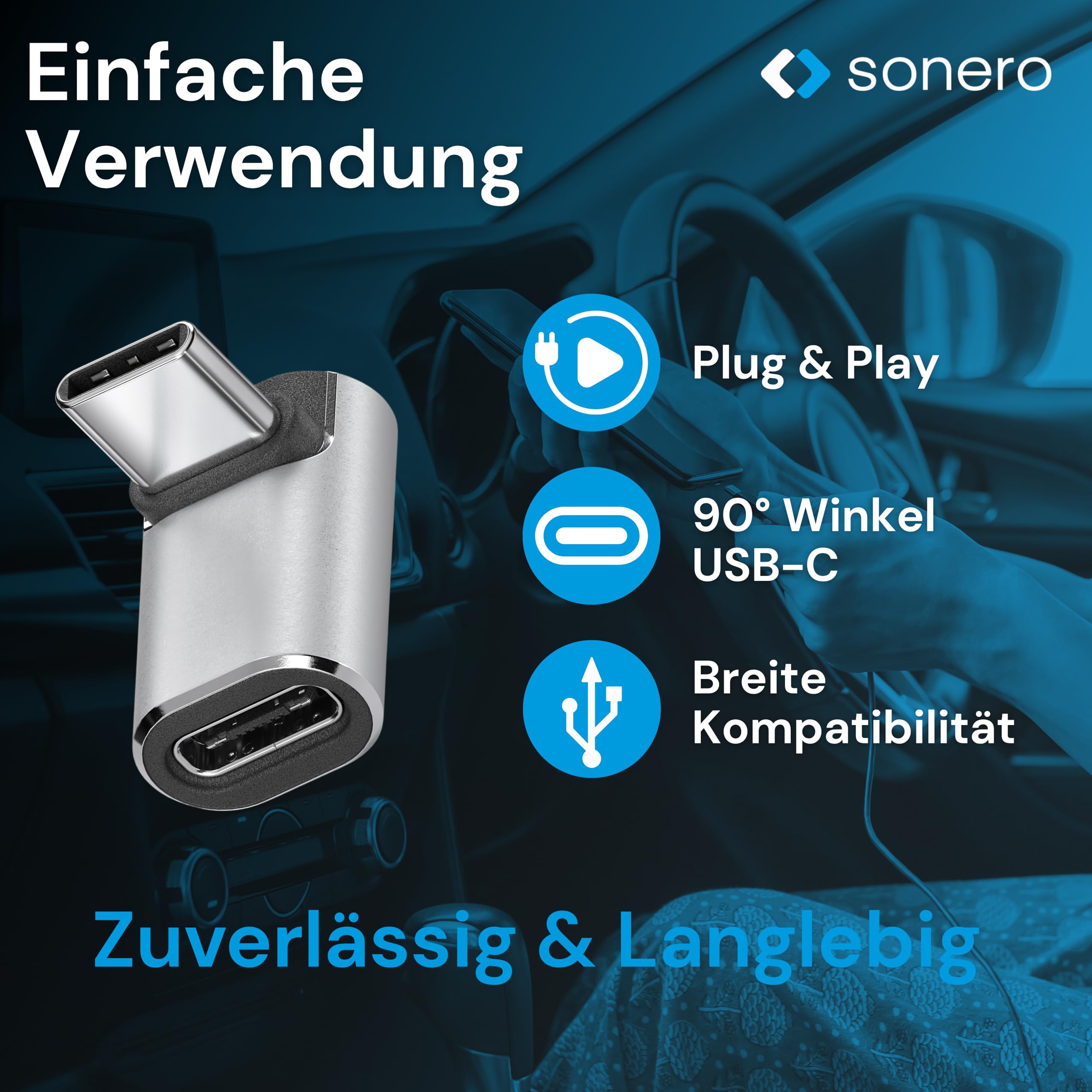 Sonero USB-C Stecker auf 90° Winkel USB-C Buchse (1er), Adapter, USB-C Adapter, 40Gbps, 240W, 8K60Hz, Aluminium Gehäuse, Silber