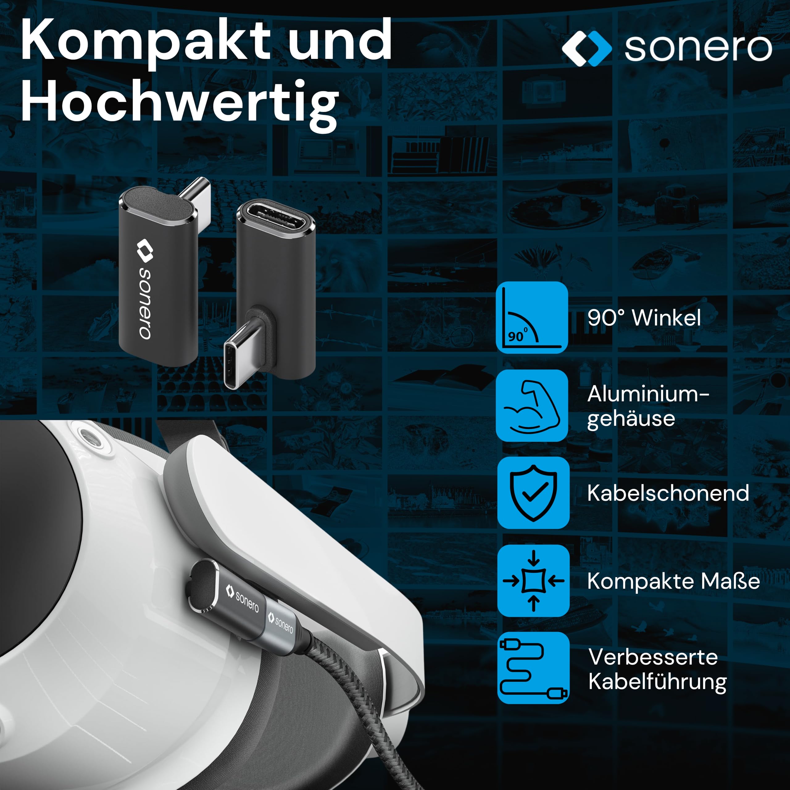 Sonero USB-C Stecker auf 90° Winkel USB-C Buchse (1er), Adapter, 40Gbps, 240W, 8K60Hz, Aluminium Gehäuse, schwarz