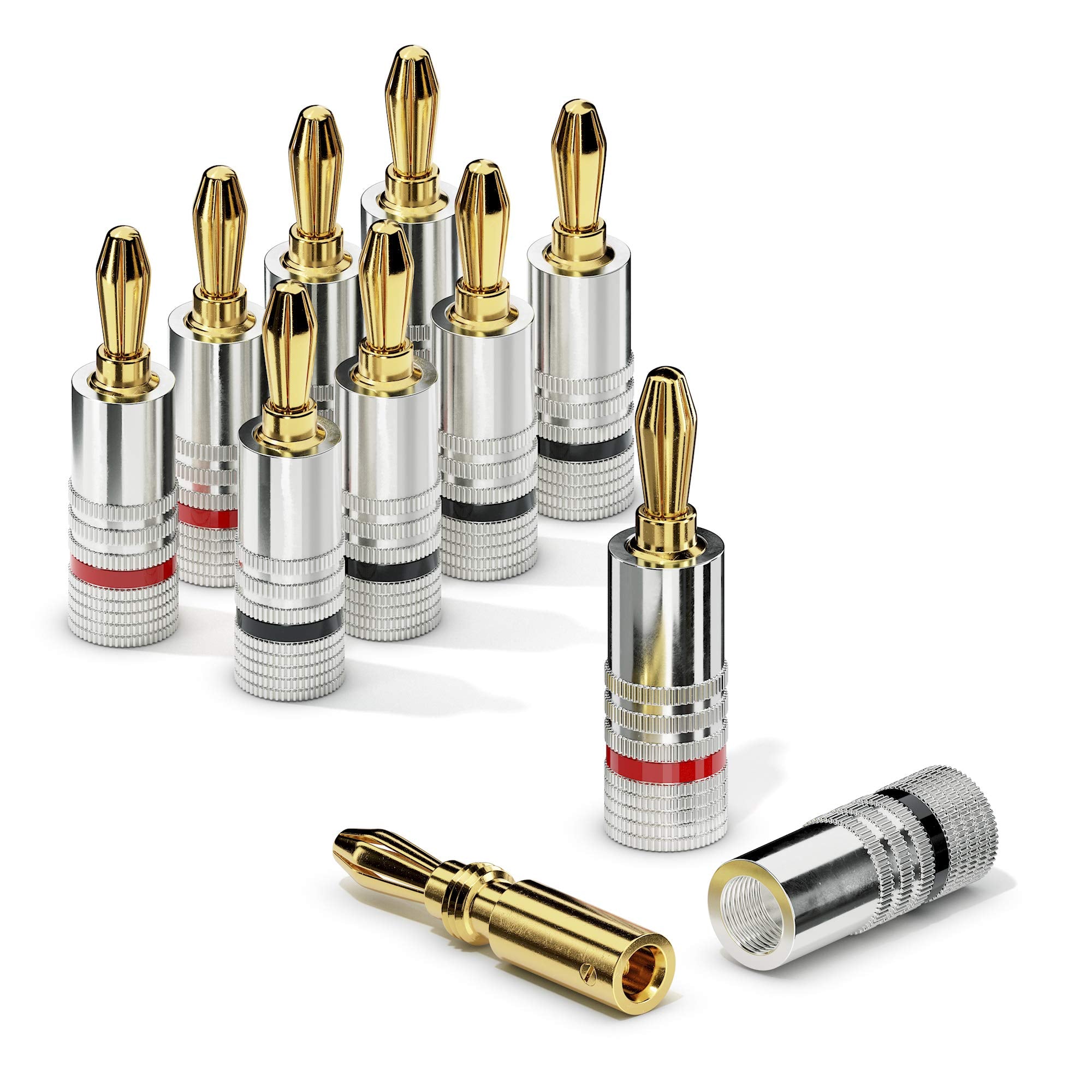 Sonero Bananenstecker 8er-Set, für alle Lautsprecherkabel mit einem Durchmesser bis max. 6mm², 4 Stück mit Farbcodierung (4x rot, 4x schwarz), 24k vergoldet, S-SC000-08