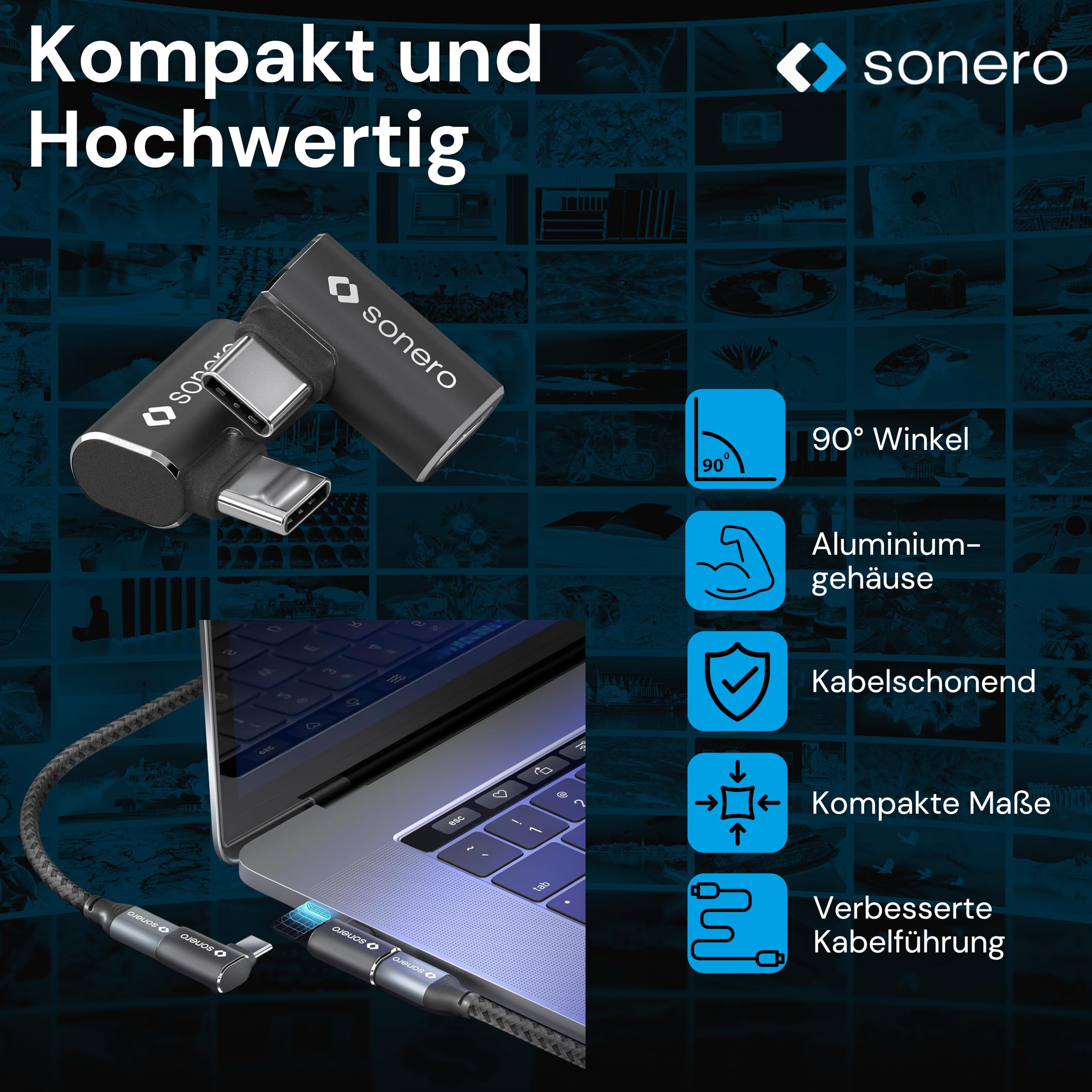 Sonero USB-C Stecker auf 90° Winkel USB-C Buchse (1er), Adapter, USB-C Adapter, 40Gbps, 240W, 8K60Hz, Aluminium Gehäuse, schwarz, X-UA133