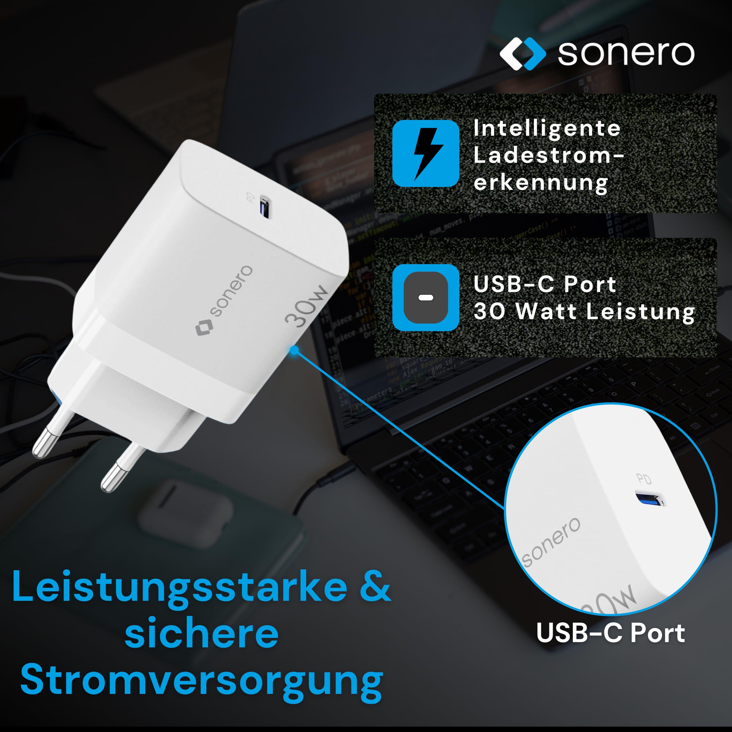 sonero USB C Ladegerät, Ladestecker Adapter, Netzteil 30 Watt Schnellladegerät kompatibel mit Apple iPhone 15, Samsung, Tablet, Laptop uvm, GaN PD Charger, Weiß