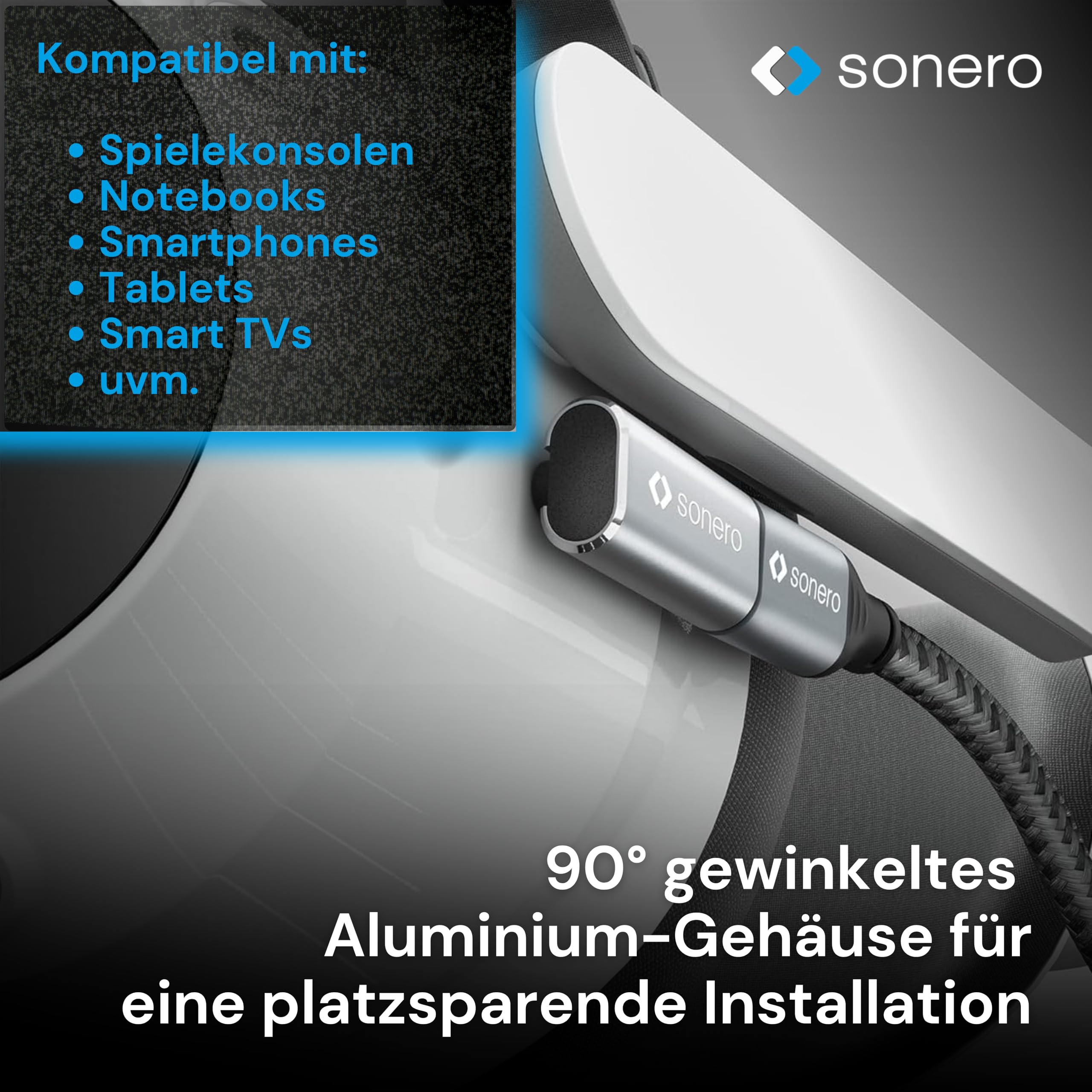 Sonero USB-C Stecker auf 90° Winkel USB-C Buchse (1er), Adapter, 40Gbps240W, 8K60Hz, Aluminium Gehäuse, Silber