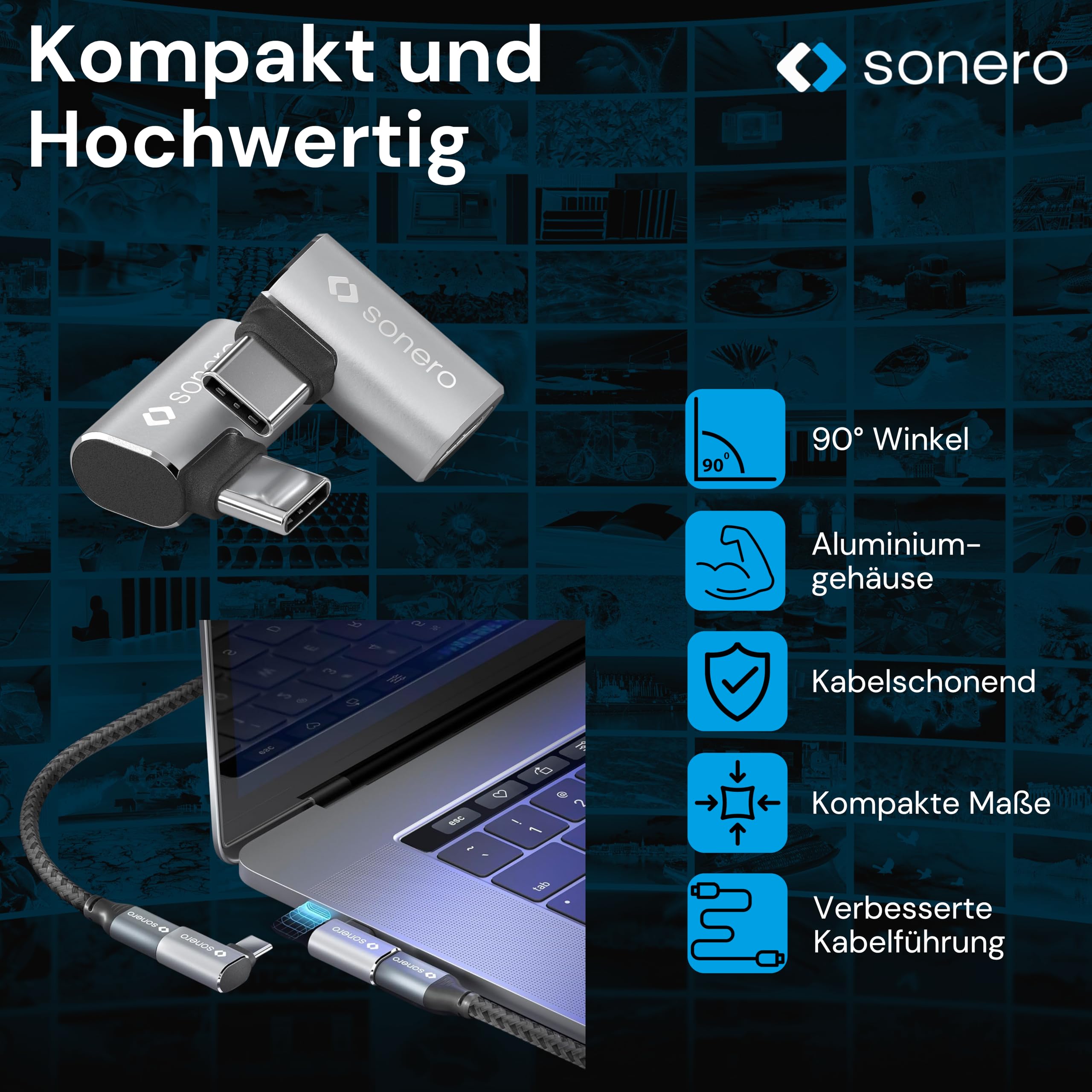 Sonero USB-C Stecker auf 90° Winkel USB-C Buchse (1er), Adapter, USB-C Adapter, 40Gbps, 240W, 8K60Hz, Aluminium Gehäuse, Silber