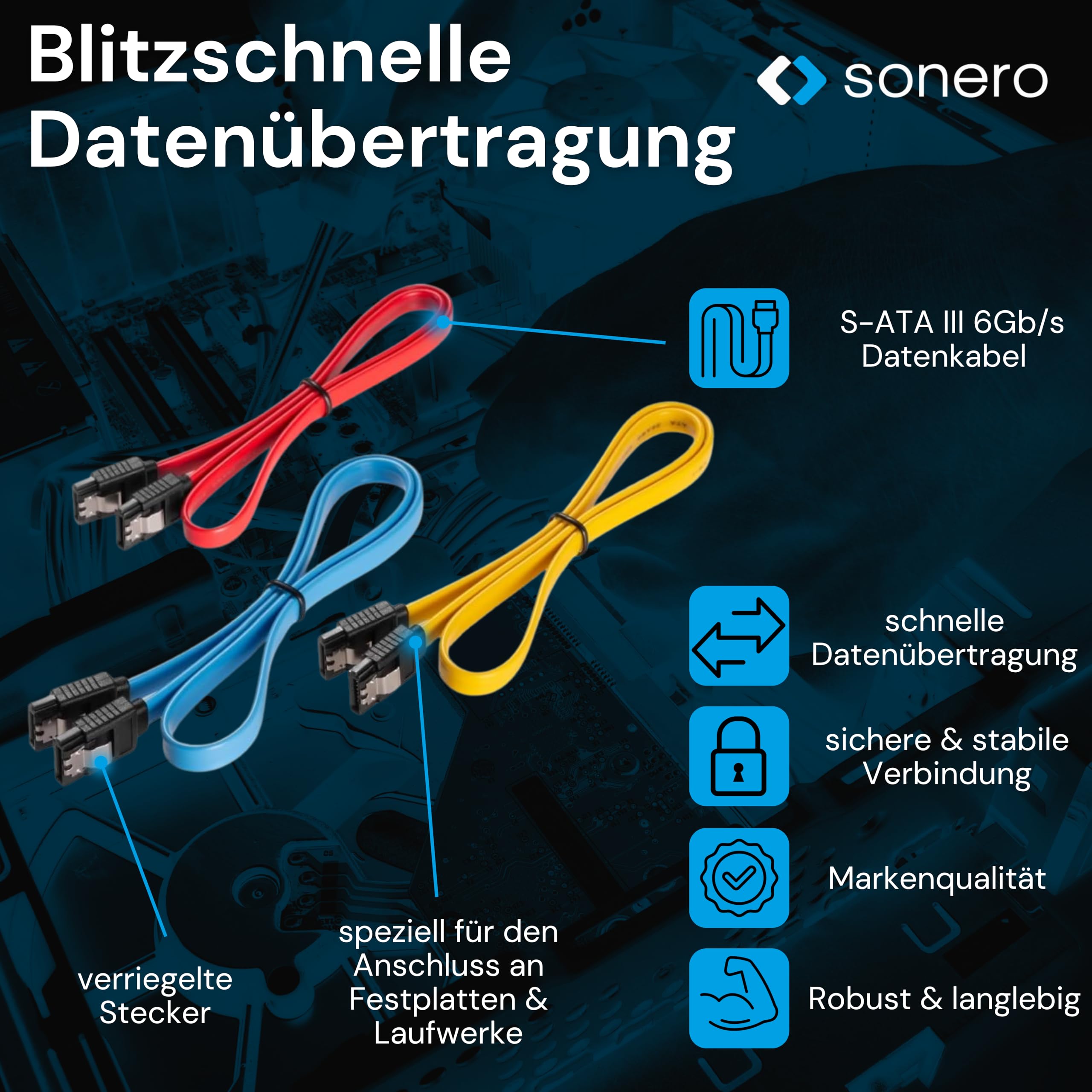 Sonero® SATA III 6Gb/s Datenkabel-Set, 3x 0,50m, rot/gelb/blau