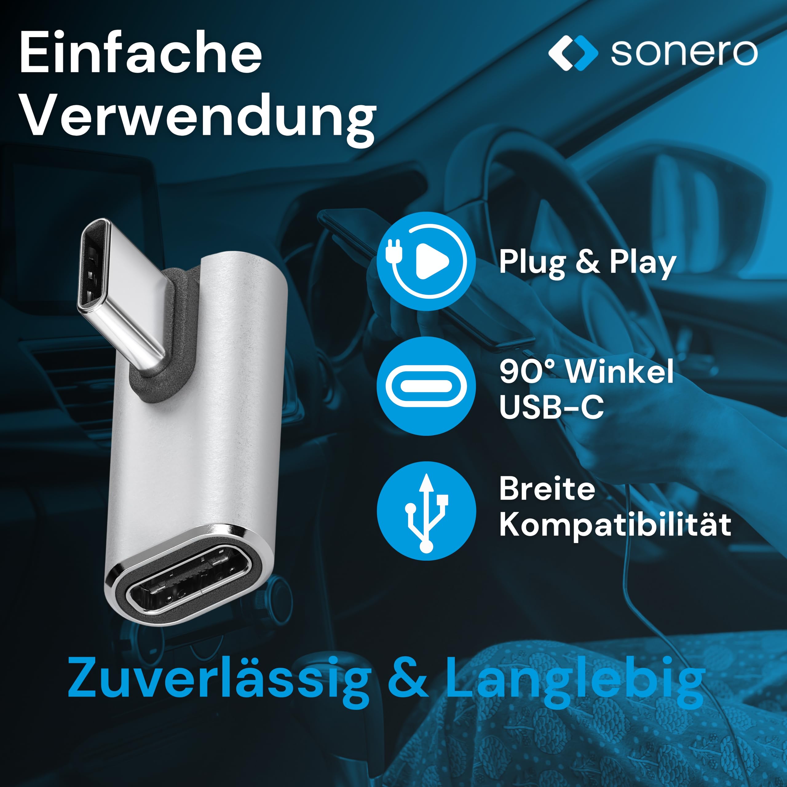 Sonero USB-C Stecker auf 90° Winkel USB-C Buchse (1er), Adapter, 40Gbps240W, 8K60Hz, Aluminium Gehäuse, Silber
