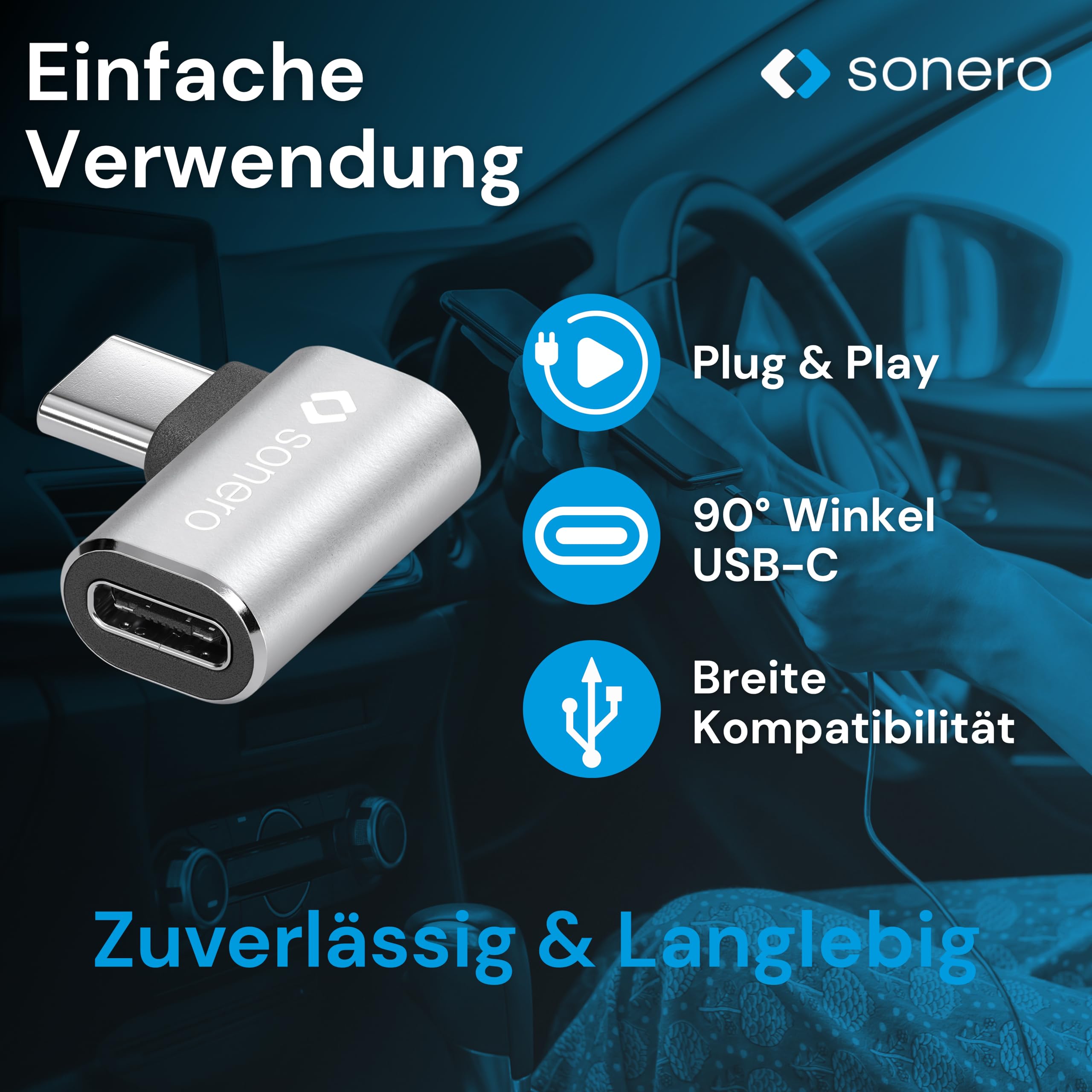 Sonero USB-C Stecker auf 90° Winkel USB-C Buchse (1er), Adapter, USB-C Adapter, 40Gbps, 240W, 8K60Hz, Aluminium Gehäuse, Silber