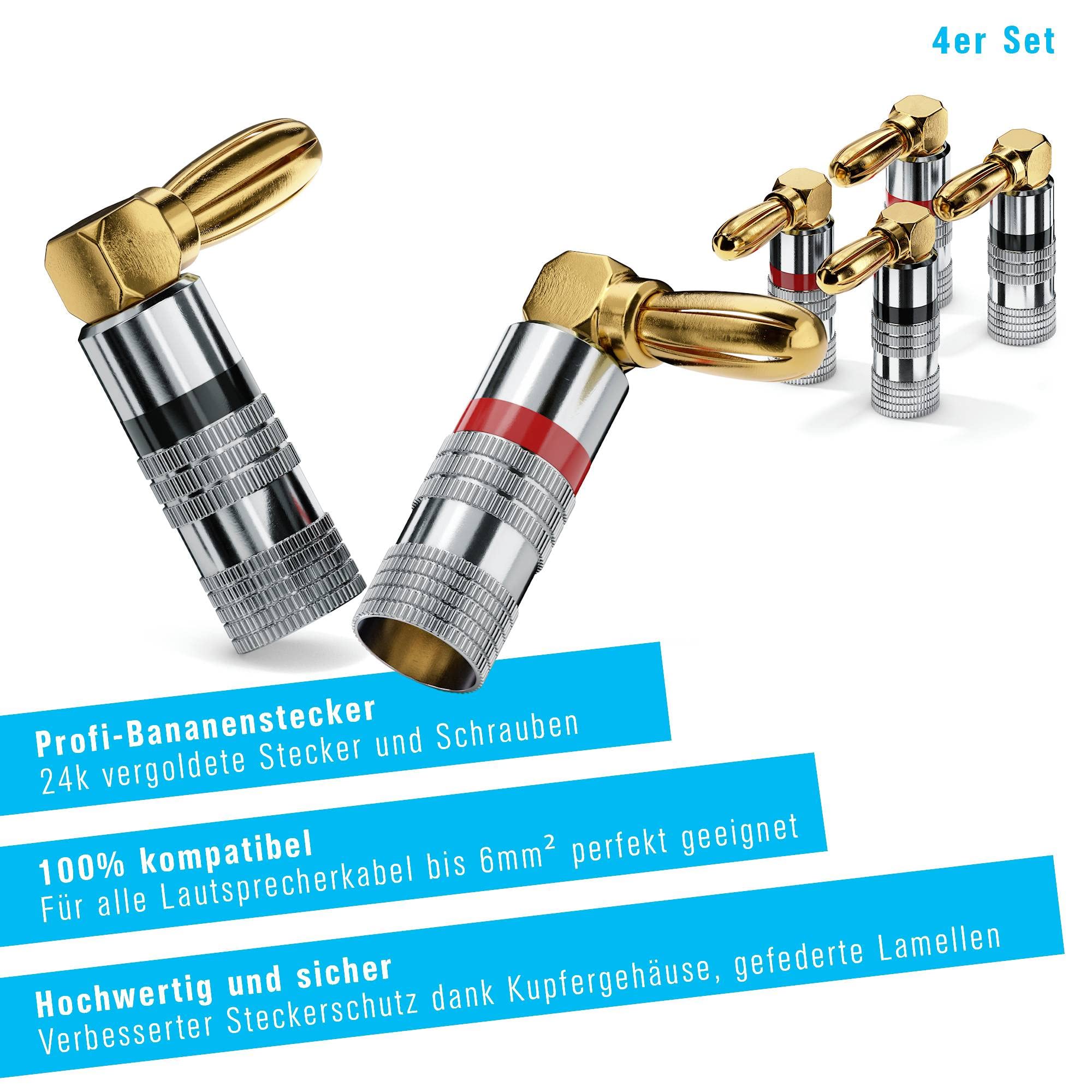 sonero® Bananenstecker 90° gewinkeltes 4er-Set, für alle Lautsprecherkabel mit einem Durchmesser bis max. 6mm², 4 Stück mit umlaufenden Farbring (2x rot, 2x schwarz), 24k vergoldet