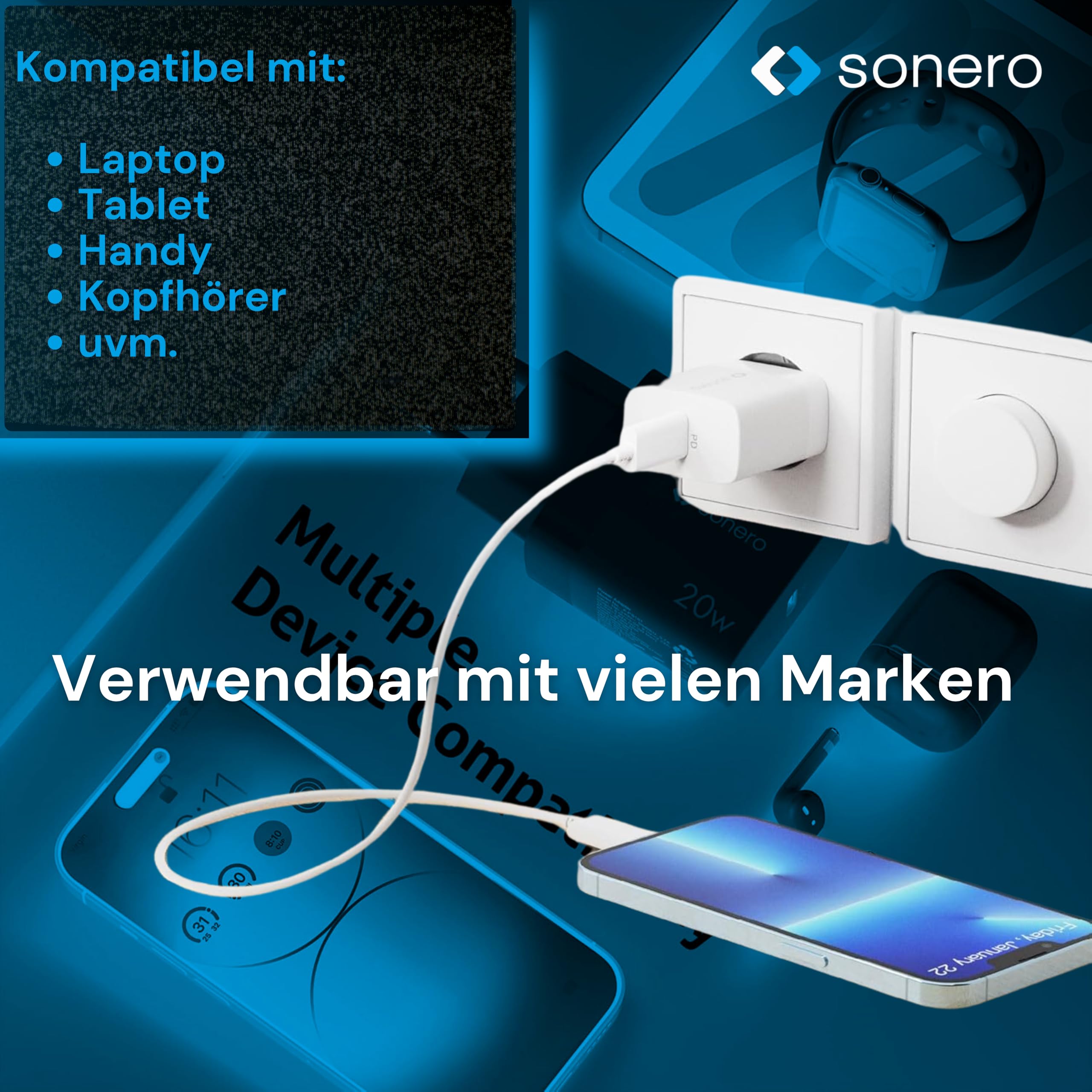 sonero USB C Ladegerät, Ladestecker Adapter, Netzteil 20 Watt Schnellladegerät kompatibel mit Apple iPhone 15, Samsung, Tablet, Laptop uvm, Mehrfach PD Charger, Weiß