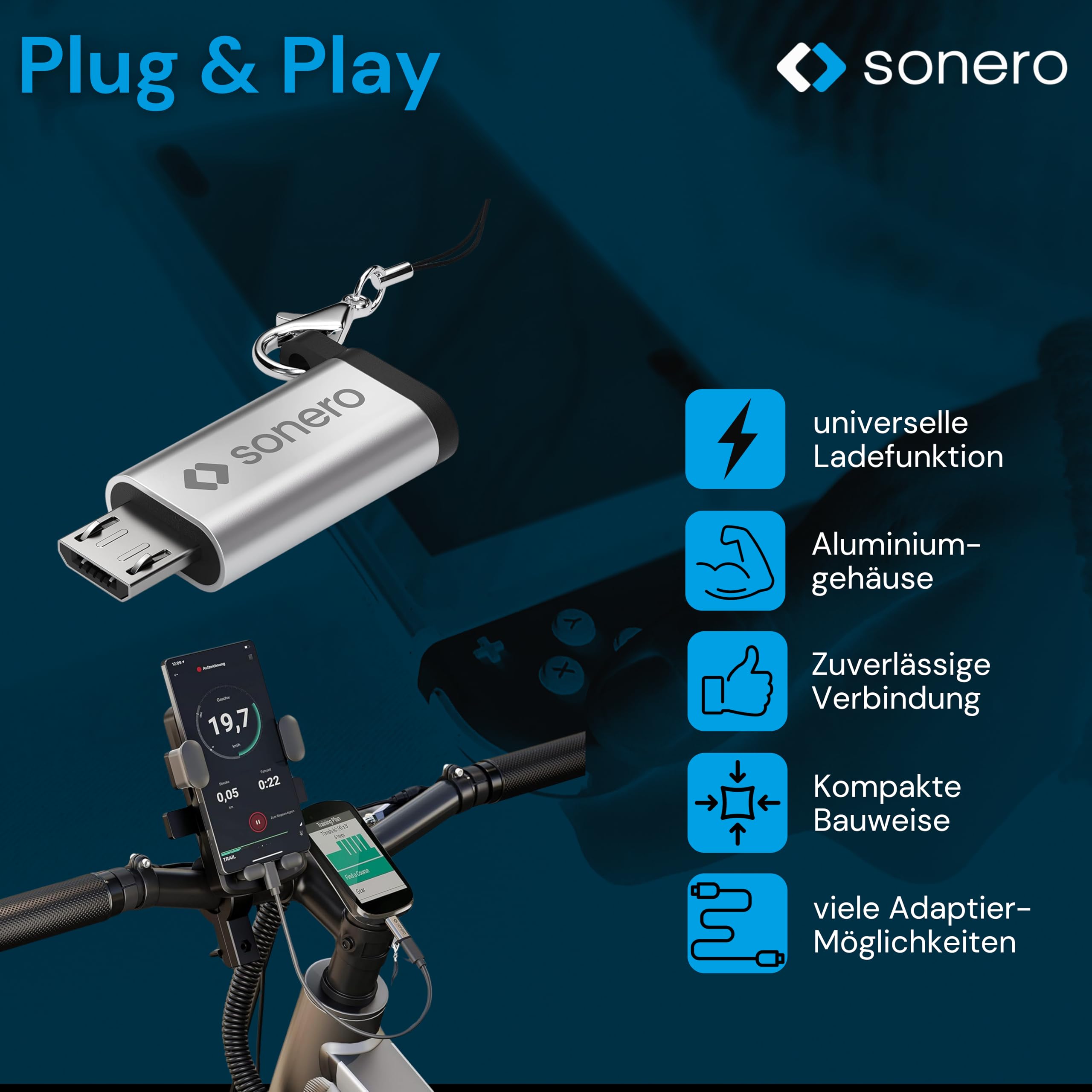 Sonero Micro USB auf USB-C Adapter, kompatibel mit Apple Geräten, OTG Unterstützung, Perfekt für e-Bikes geeignet, inkl. Schlaufe/Karabiner, Aluminium Gehäuse, Silber