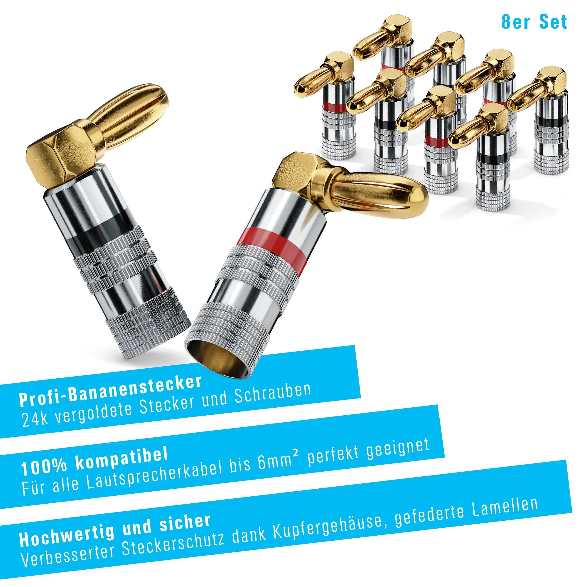 Sonero® Bananenstecker 90° gewinkeltes 8er-Set, für alle Lautsprecherkabel mit einem Durchmesser bis max. 6mm², 8 Stück mit umlaufenden Farbring (4x rot, 4x schwarz), 24k vergoldet