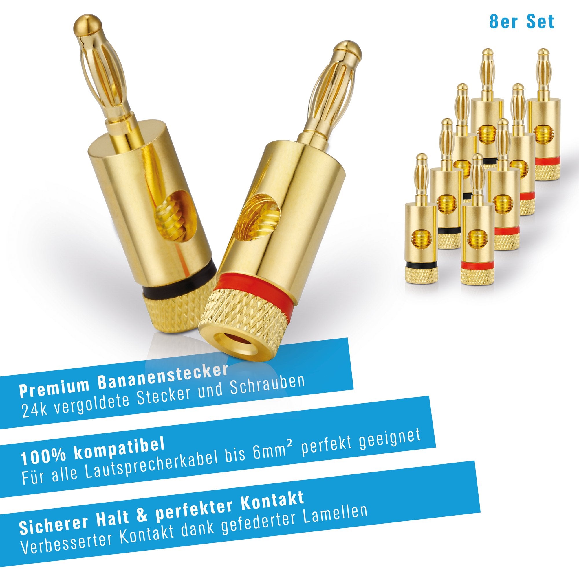 Sonero Bananenstecker Premium (8er-Set) für alle Lautsprecherkabel mit einem Durchmesser von max. 6mm², 4 Stück mit Farbcodierung (4x rot, 4x schwarz), 24k vergoldet
