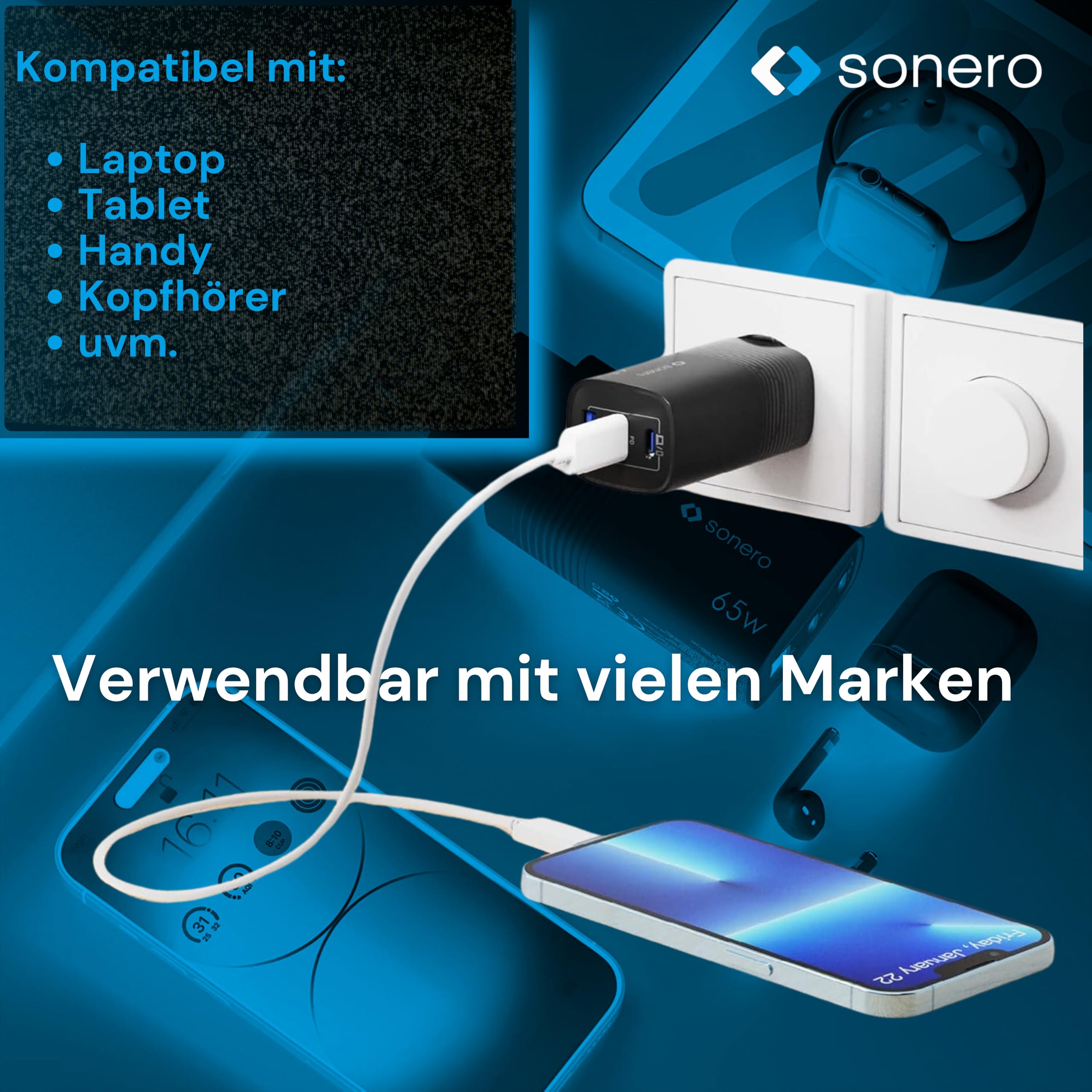 sonero USB C Ladegerät, 3 Port Adapter, Netzteil 65 Watt Schnellladegerät kompatibel mit Apple iPhone 15, Samsung, Tablet, Laptop uvm, Mehrfach GaN QC PD Charger, Schwarz