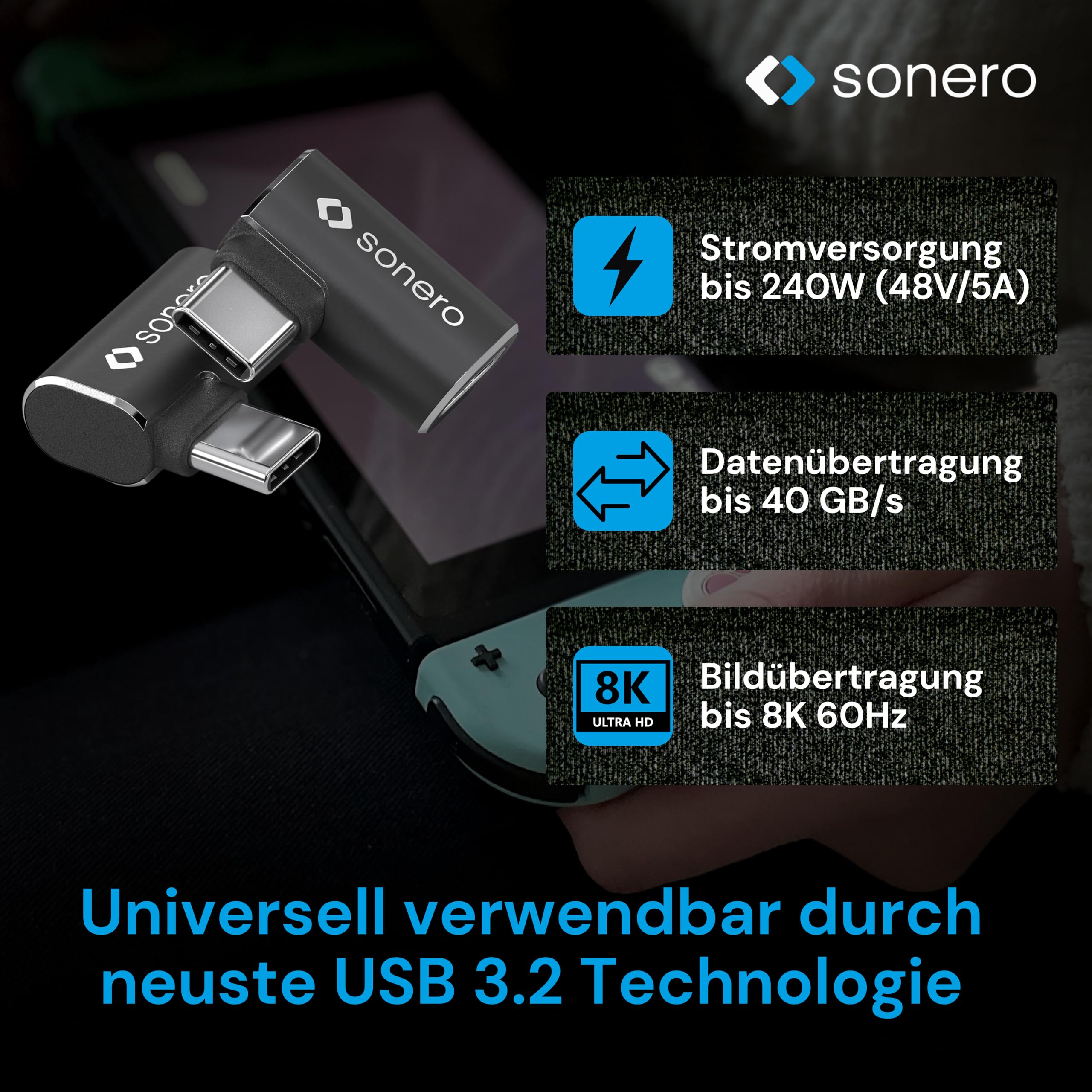 Sonero USB-C Stecker auf 90° Winkel USB-C Buchse (1er), Adapter, USB-C Adapter, 40Gbps, 240W, 8K60Hz, Aluminium Gehäuse, schwarz, X-UA133