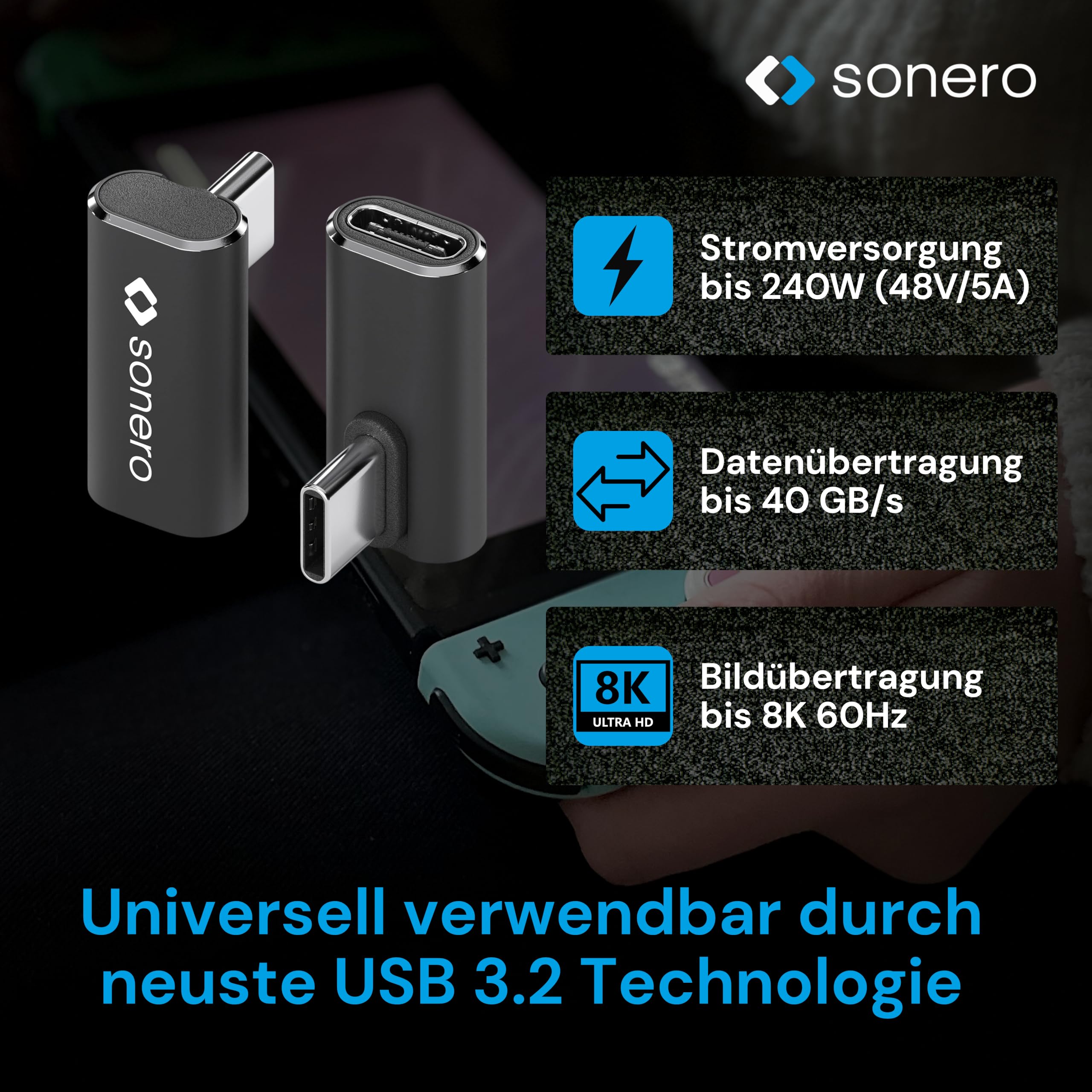 Sonero USB-C Stecker auf 90° Winkel USB-C Buchse (1er), Adapter, 40Gbps, 240W, 8K60Hz, Aluminium Gehäuse, schwarz