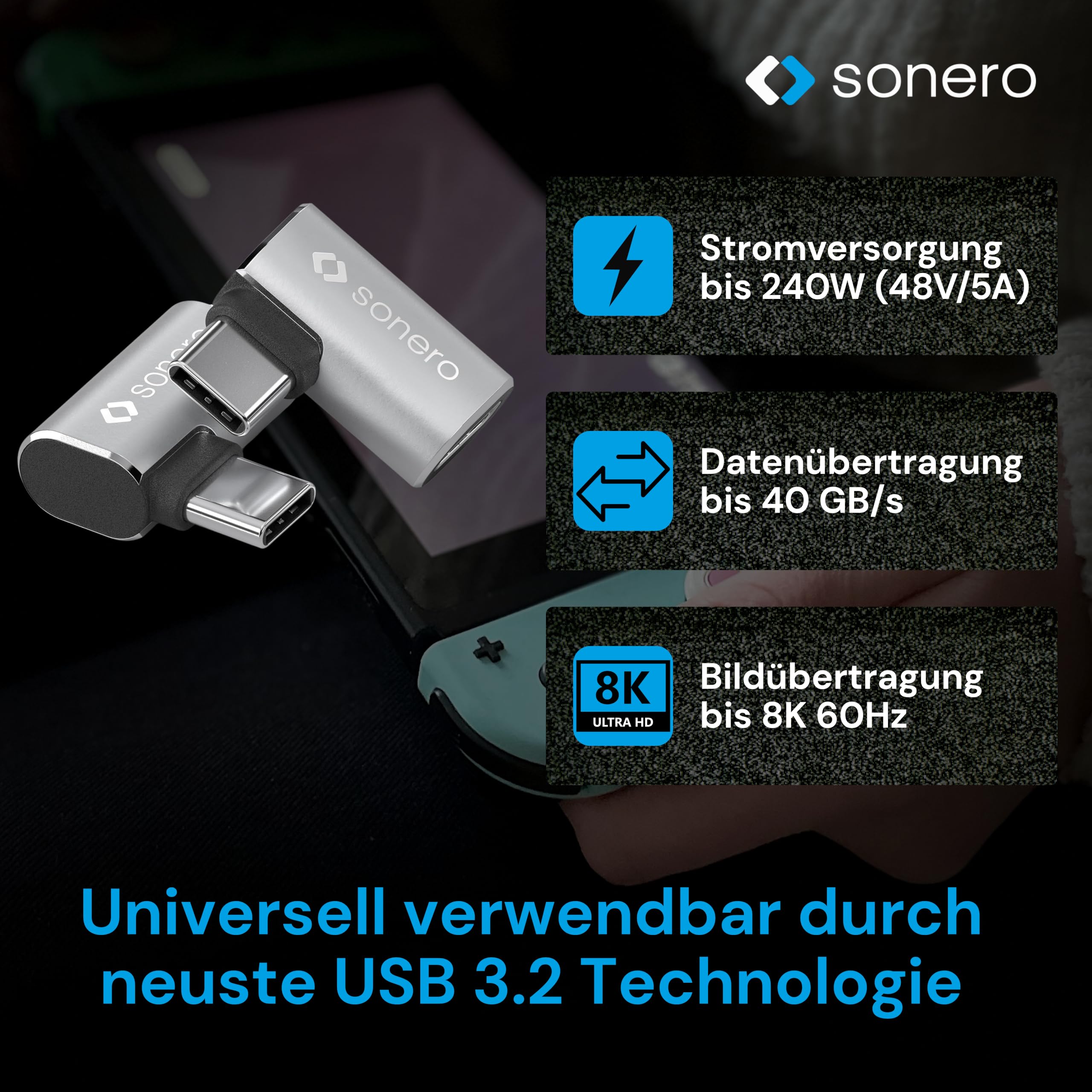 Sonero USB-C Stecker auf 90° Winkel USB-C Buchse (1er), Adapter, USB-C Adapter, 40Gbps, 240W, 8K60Hz, Aluminium Gehäuse, Silber