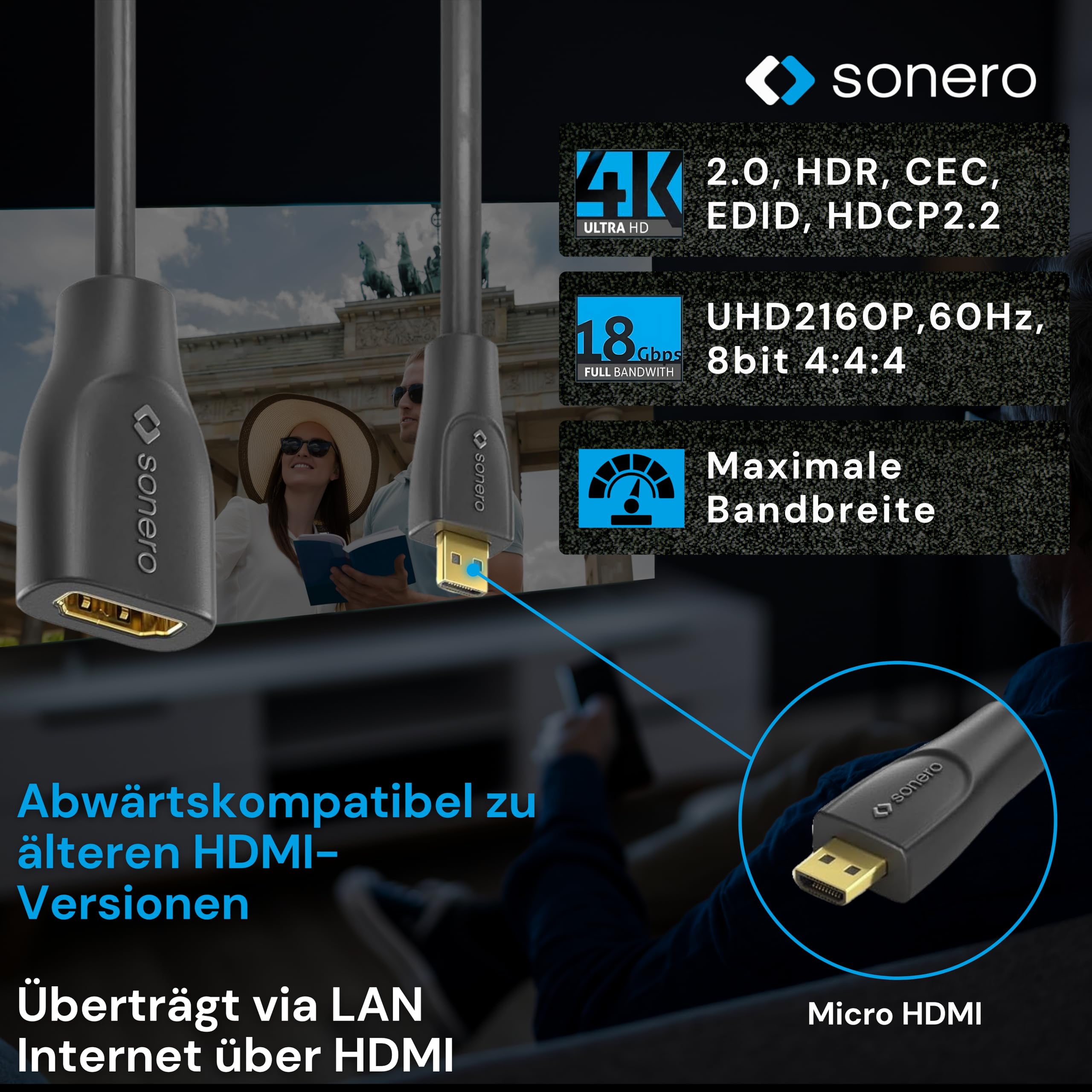 Sonero Micro HDMI auf 4K HDMI Portsaver Adapter, Premium High Speed, Micro HDMI D Stecker auf HDMI A Buchse, vergoldete Kontakte, zweifache Abschirmung, PVC-Mantel, 0,15m, (X-PHA030-0015)