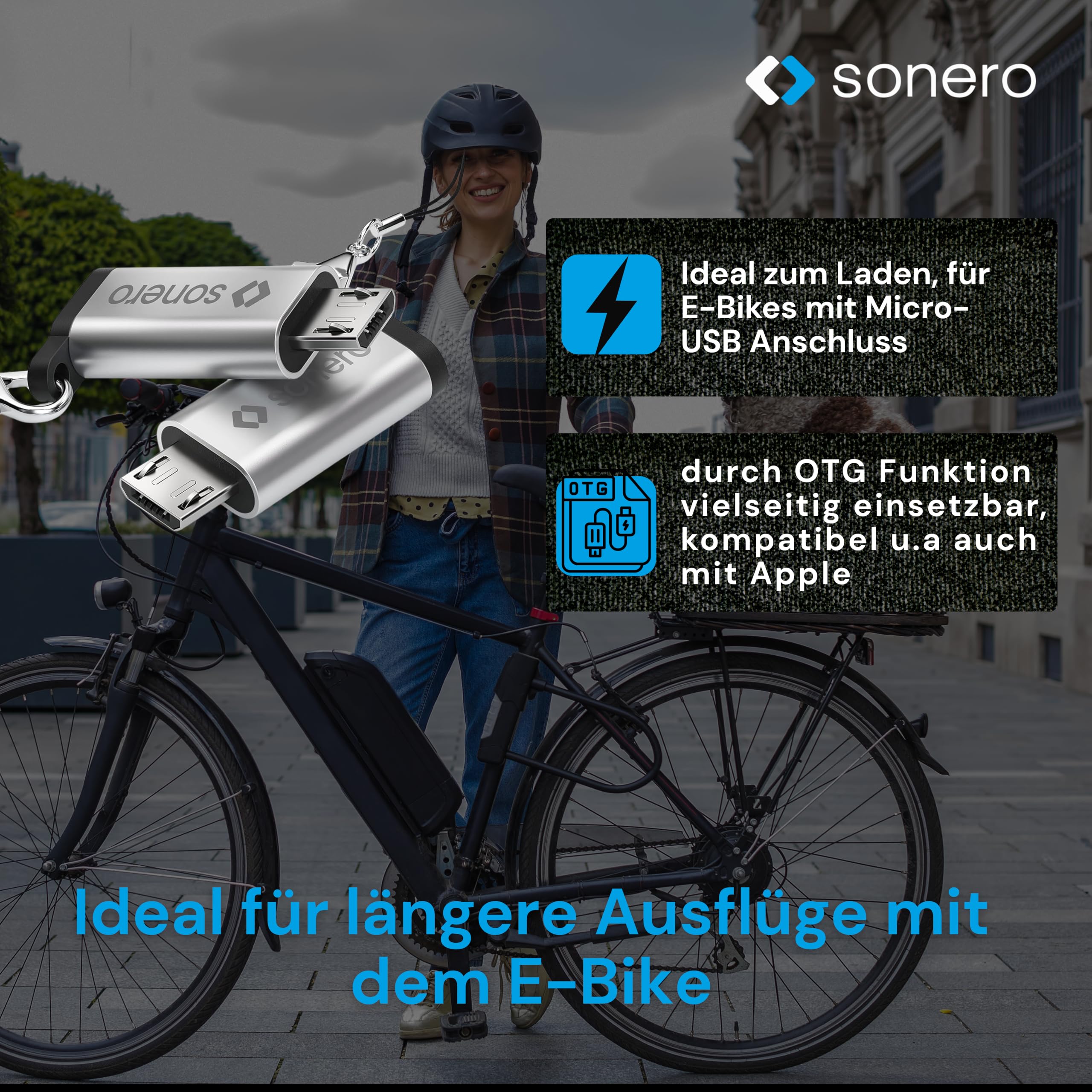 Sonero Micro USB auf USB-C Adapter, kompatibel mit Apple Geräten, OTG Unterstützung, Perfekt für e-Bikes geeignet, inkl. Schlaufe/Karabiner, Aluminium Gehäuse, Silber