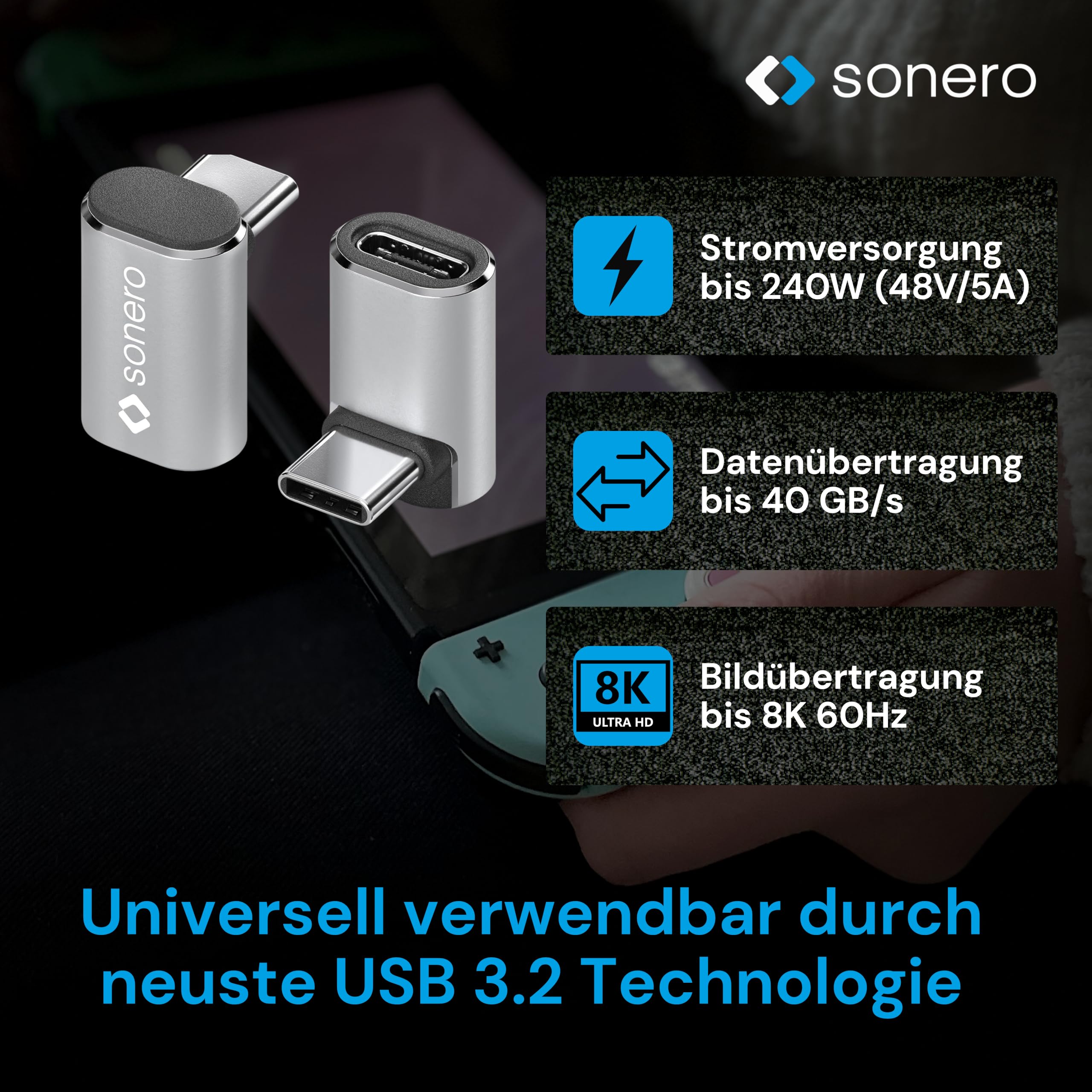 Sonero USB-C Stecker auf 90° Winkel USB-C Buchse (1er), Adapter, USB-C Adapter, 40Gbps, 240W, 8K60Hz, Aluminium Gehäuse, Silber