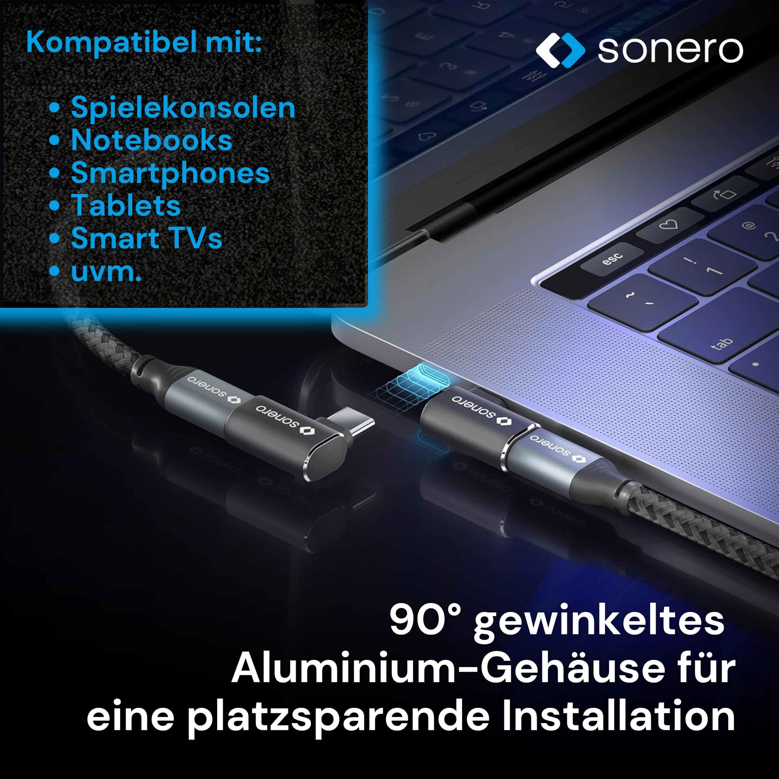 Sonero USB-C Stecker auf 90° Winkel USB-C Buchse (1er), Adapter, USB-C Adapter, 40Gbps, 240W, 8K60Hz, Aluminium Gehäuse, schwarz, X-UA133