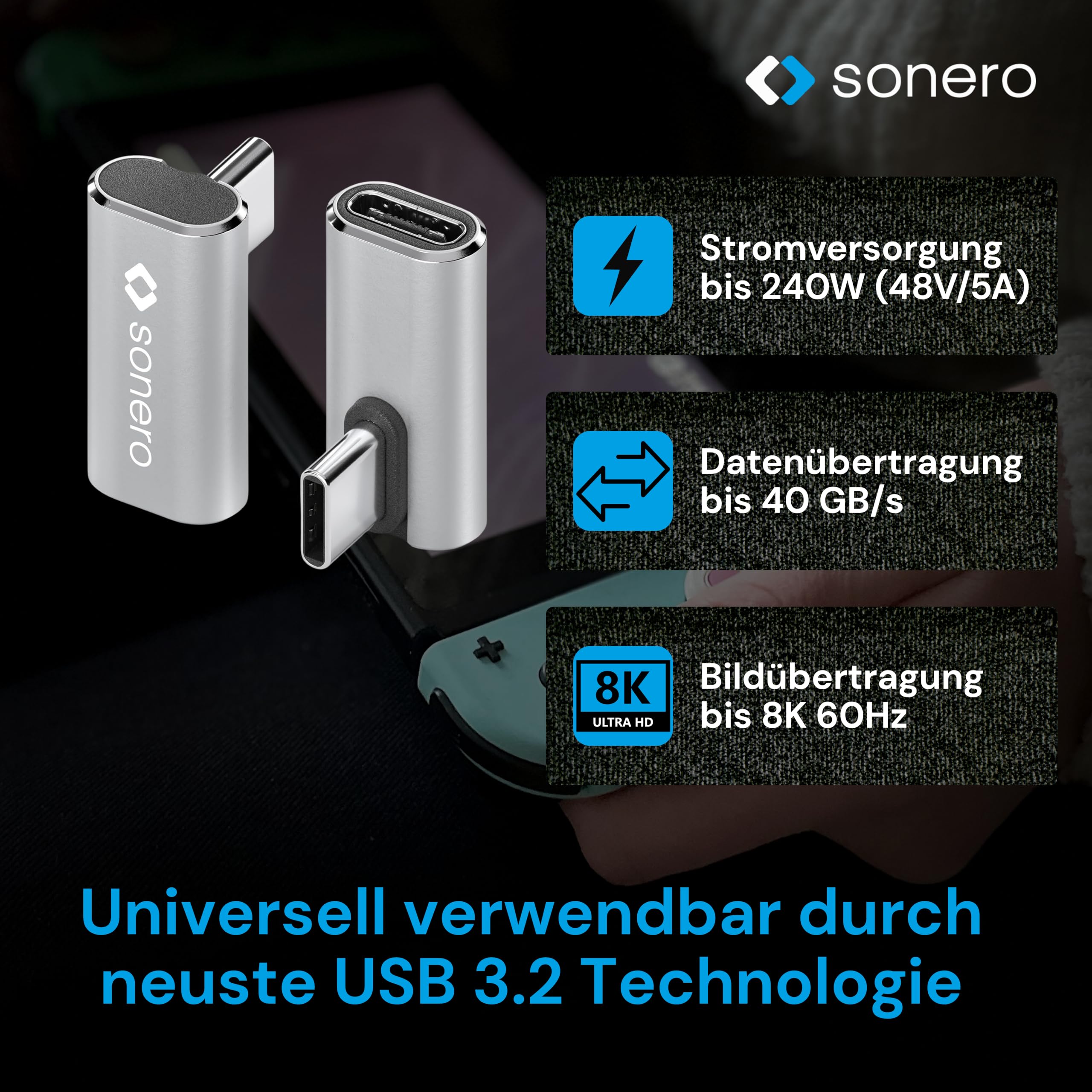 Sonero USB-C Stecker auf 90° Winkel USB-C Buchse (1er), Adapter, 40Gbps240W, 8K60Hz, Aluminium Gehäuse, Silber