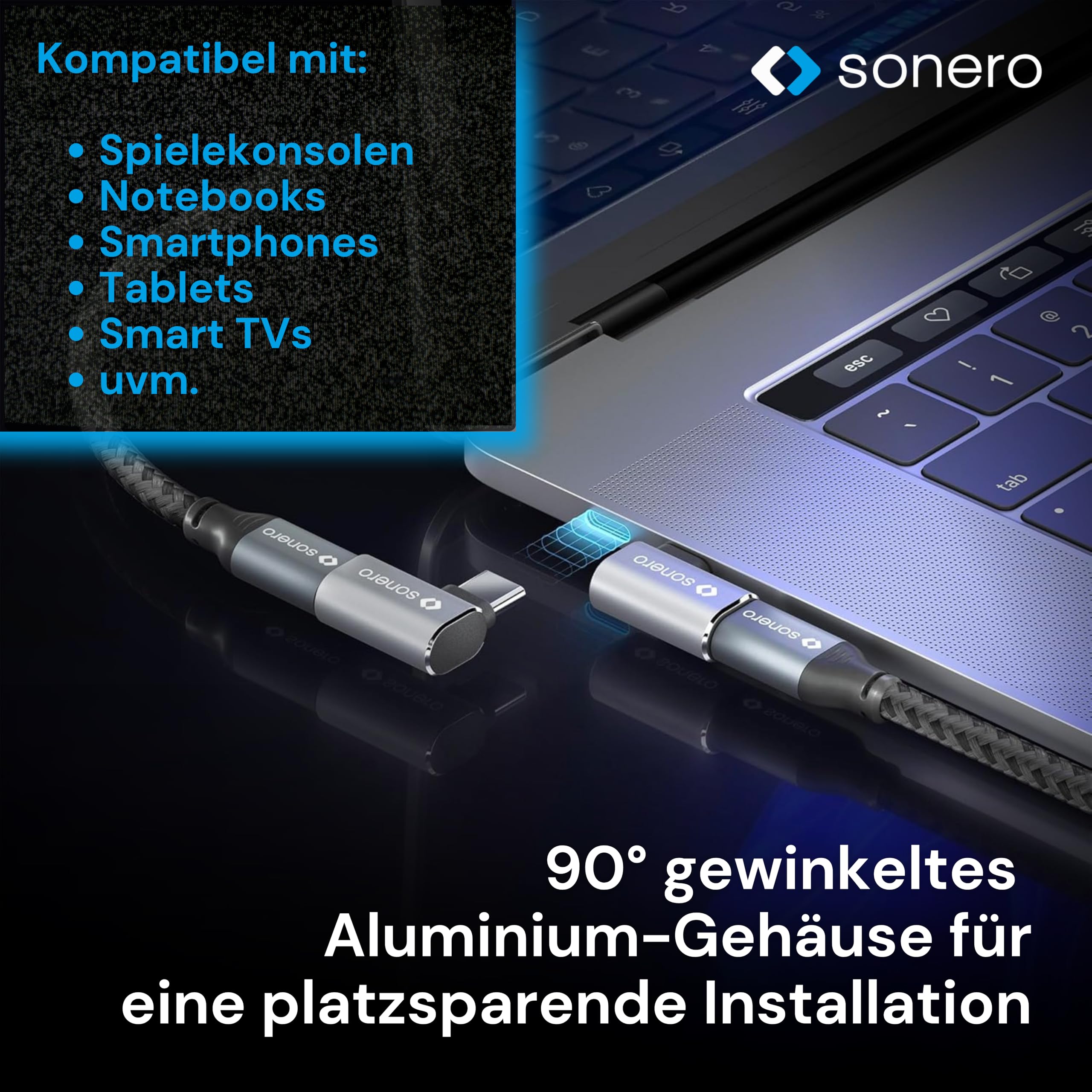 Sonero USB-C Stecker auf 90° Winkel USB-C Buchse (1er), Adapter, USB-C Adapter, 40Gbps, 240W, 8K60Hz, Aluminium Gehäuse, Silber