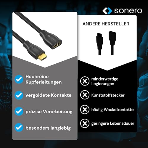 Sonero 4K HDMI Verlängerungskabel, Premium High Speed, 4K 60Hz, HDMI Stecker auf HDMI Buchse, vergoldete Kontakte, zweifache Abschirmung, PVC-Mantel, 3,00m