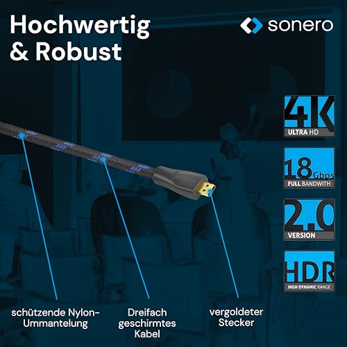 Sonero® 4K Micro HDMI auf HDMI-Kabel, Premium High Speed, 4K 60Hz, Micro HDMI Stecker auf HDMI Stecker, vergoldete Kontakte, zweifache Abschirmung, Baumwollmantel, 1,00m