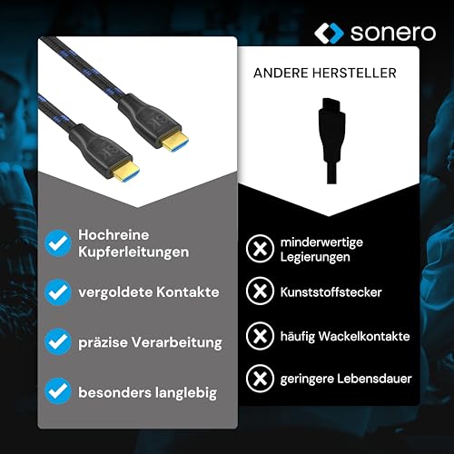 sonero PHC111-005 8K Ultra High Speed HDMI Kabel mit Ethernet, Nylongeflecht, vergoldete Anschlüsse (8K UltraHD, 4K 3D mit 50Hz/60Hz, 48Gbps Full Bandwith, Dynamic HDR), 0,5m, schwarz