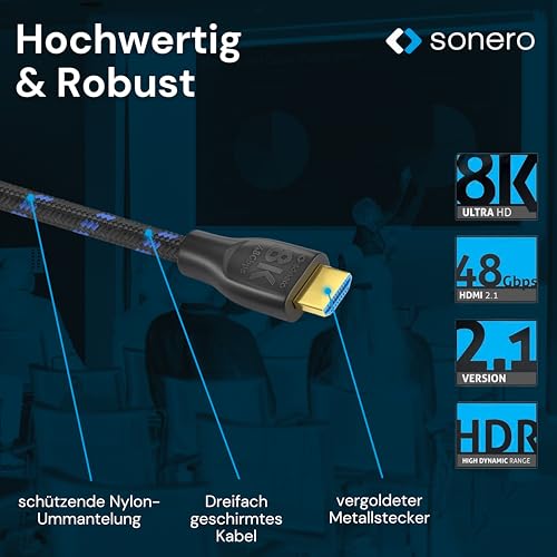 Sonero PHC111-015 8K Ultra High Speed HDMI Kabel mit Ethernet, Nylongeflecht, vergoldete Anschlüsse (8K UltraHD, 4K 3D mit 50Hz/60Hz, 48Gbps Full Bandwith, Dynamic HDR), 1,5m