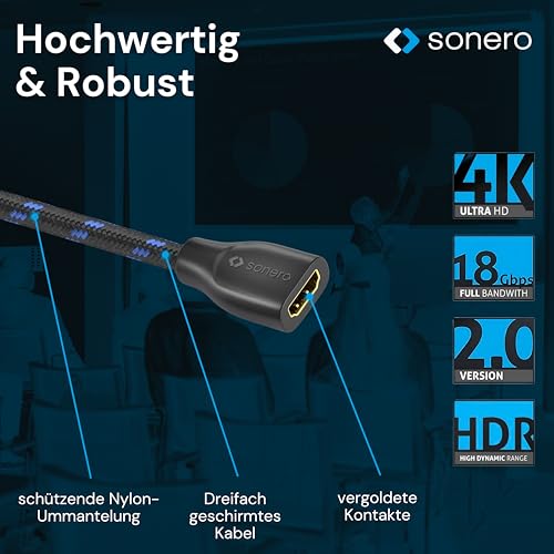 Sonero 4K HDMI Verlängerungskabel, Premium High Speed, 4K 60Hz, HDMI Stecker auf HDMI Buchse, vergoldete Kontakte, zweifache Abschirmung, Baumwollmantel, 0,50m, schwarz