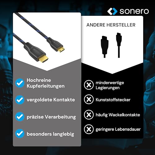 Sonero® 4K Mini HDMI auf HDMI-Kabel, Premium High Speed, 4K 60Hz, Mini HDMI Stecker auf HDMI Stecker, vergoldete Kontakte, zweifache Abschirmung, Baumwollmantel, 1,50m