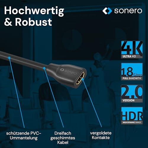 Sonero 4K HDMI Verlängerungskabel, Premium High Speed, 4K 60Hz, HDMI Stecker auf HDMI Buchse, vergoldete Kontakte, zweifache Abschirmung, PVC-Mantel, 3,00m