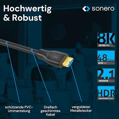 sonero PHC110-030 8K Ultra High Speed HDMI Kabel mit Ethernet, gegossener Designstecker, vergoldete Anschlüsse (8K UltraHD, 4K 3D mit 50Hz/60Hz, 48Gbps Full Bandwith, Dynamic HDR), 3,0m