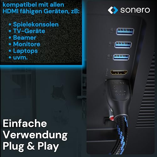 Sonero PHC111-030 8K Ultra High Speed HDMI Kabel mit Ethernet, Nylongeflecht, vergoldete Anschlüsse (8K UltraHD, 4K 3D mit 50Hz/60Hz, 48Gbps Full Bandwith, Dynamic HDR), 3,0m