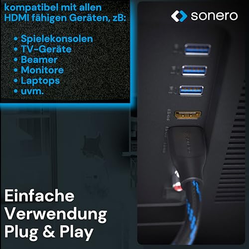 Sonero 4K HDMI Verlängerungskabel, Premium High Speed, 4K 60Hz, HDMI Stecker auf HDMI Buchse, vergoldete Kontakte, zweifache Abschirmung, Baumwollmantel, 0,50m, schwarz