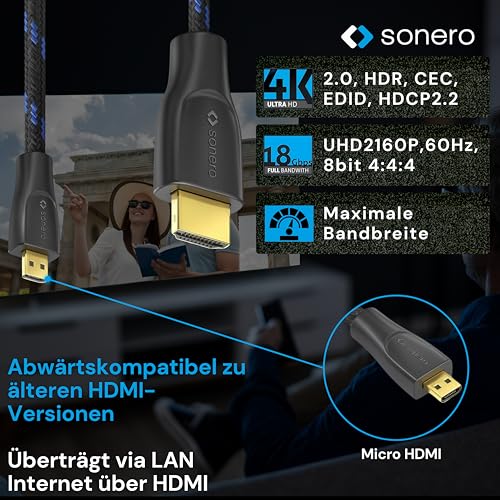 Sonero® 4K Micro HDMI auf HDMI-Kabel, Premium High Speed, 4K 60Hz, Micro HDMI Stecker auf HDMI Stecker, vergoldete Kontakte, zweifache Abschirmung, Baumwollmantel, 1,00m