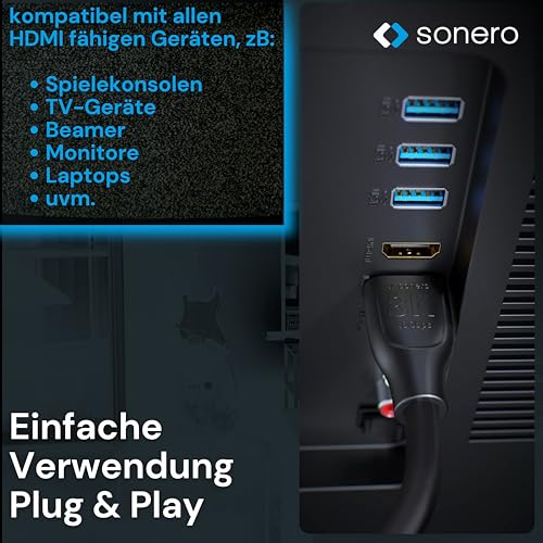 sonero PHC110-030 8K Ultra High Speed HDMI Kabel mit Ethernet, gegossener Designstecker, vergoldete Anschlüsse (8K UltraHD, 4K 3D mit 50Hz/60Hz, 48Gbps Full Bandwith, Dynamic HDR), 3,0m