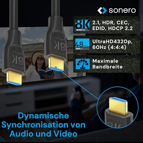 sonero PHC110-030 8K Ultra High Speed HDMI Kabel mit Ethernet, gegossener Designstecker, vergoldete Anschlüsse (8K UltraHD, 4K 3D mit 50Hz/60Hz, 48Gbps Full Bandwith, Dynamic HDR), 3,0m