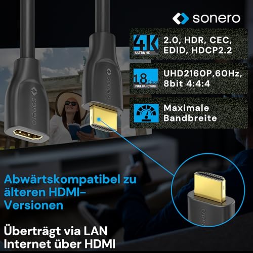 Sonero 4K HDMI Verlängerungskabel, Premium High Speed, 4K 60Hz, HDMI Stecker auf HDMI Buchse, vergoldete Kontakte, zweifache Abschirmung, PVC-Mantel, 3,00m