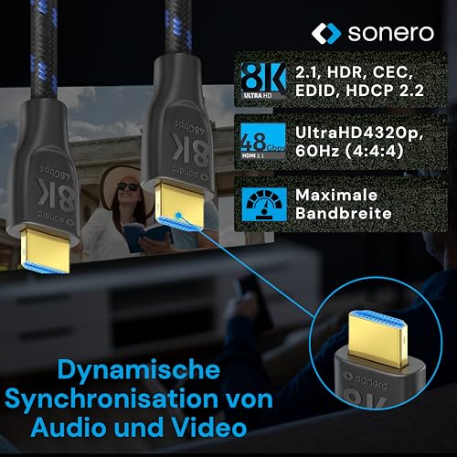 sonero PHC111-005 8K Ultra High Speed HDMI Kabel mit Ethernet, Nylongeflecht, vergoldete Anschlüsse (8K UltraHD, 4K 3D mit 50Hz/60Hz, 48Gbps Full Bandwith, Dynamic HDR), 0,5m, schwarz