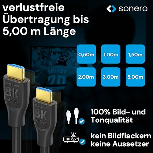 sonero PHC110-030 8K Ultra High Speed HDMI Kabel mit Ethernet, gegossener Designstecker, vergoldete Anschlüsse (8K UltraHD, 4K 3D mit 50Hz/60Hz, 48Gbps Full Bandwith, Dynamic HDR), 3,0m