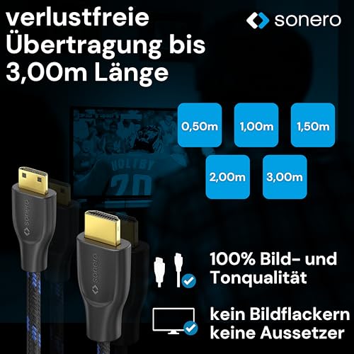 Sonero® 4K Mini HDMI auf HDMI-Kabel, Premium High Speed, 4K 60Hz, Mini HDMI Stecker auf HDMI Stecker, vergoldete Kontakte, zweifache Abschirmung, Baumwollmantel, 1,50m