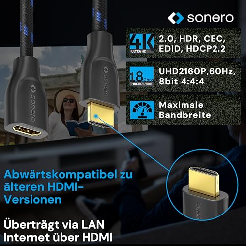 Sonero 4K HDMI Verlängerungskabel, Premium High Speed, 4K 60Hz, HDMI Stecker auf HDMI Buchse, vergoldete Kontakte, zweifache Abschirmung, Baumwollmantel, 0,50m, schwarz