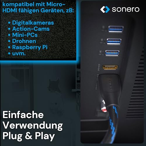 Sonero® 4K Micro HDMI auf HDMI-Kabel, Premium High Speed, 4K 60Hz, Micro HDMI Stecker auf HDMI Stecker, vergoldete Kontakte, zweifache Abschirmung, Baumwollmantel, 1,00m