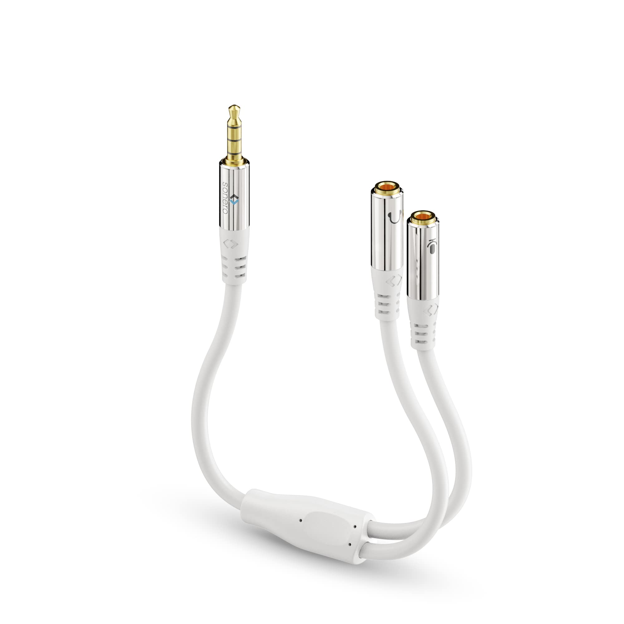 Sonero Headset-Adapter, Y-Adapter-Kabel, 1 x 3,5mm Stecker auf 2X 3,5mm Buchse, Kopfhörer und Mikrofon auf Klinken Anschluss, weiß, 0,25m, S-ACA012