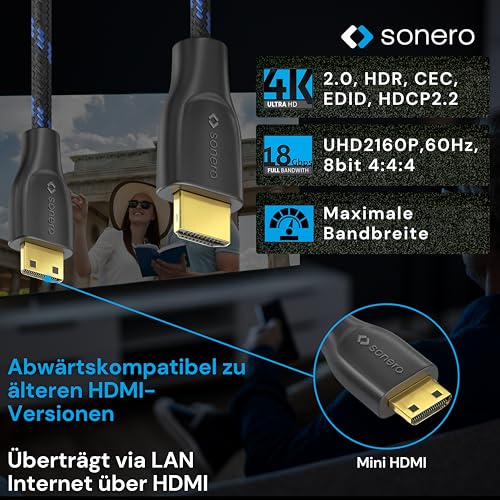 Sonero® 4K Mini HDMI auf HDMI-Kabel, Premium High Speed, 4K 60Hz, Mini HDMI Stecker auf HDMI Stecker, vergoldete Kontakte, zweifache Abschirmung, Baumwollmantel, 1,50m