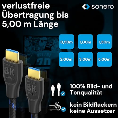 sonero PHC111-005 8K Ultra High Speed HDMI Kabel mit Ethernet, Nylongeflecht, vergoldete Anschlüsse (8K UltraHD, 4K 3D mit 50Hz/60Hz, 48Gbps Full Bandwith, Dynamic HDR), 0,5m, schwarz